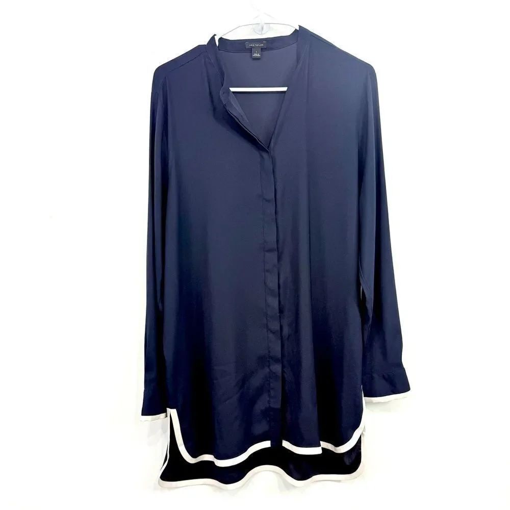 Ann Taylor Navy Blue White Trim Long Sleeve Lightweight Tunic Top Mini Dress